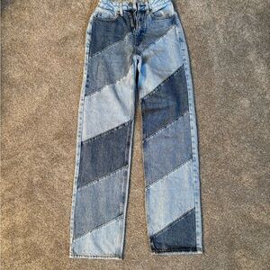Women’s Two-Tone Patchwork Straight Jeans - Light & Dark Blue